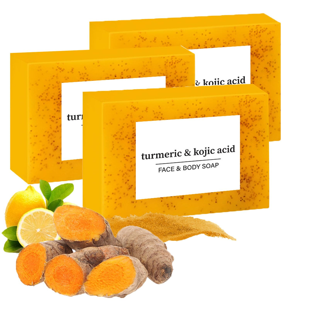 Generic lemon turmeric soap front pack showing three bars and clear labeling for fresh cleansing