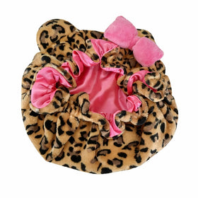 Generic leopard bonnet front view showing playful style and hair protection benefits