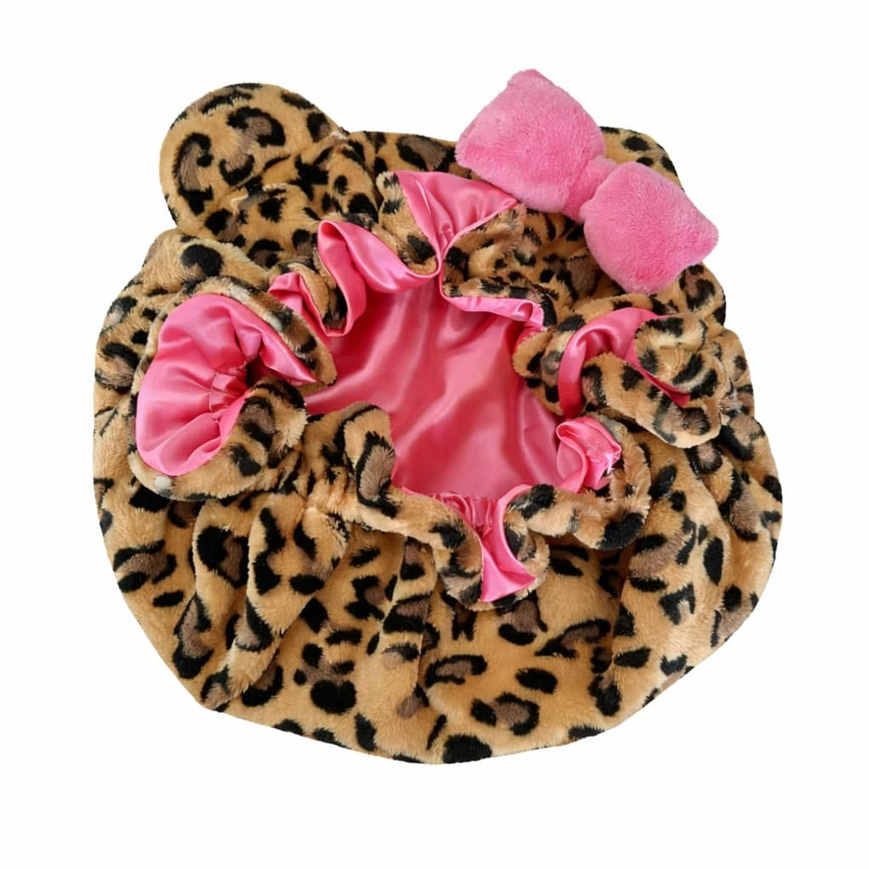 Generic leopard bonnet front view showing playful style and hair protection benefits