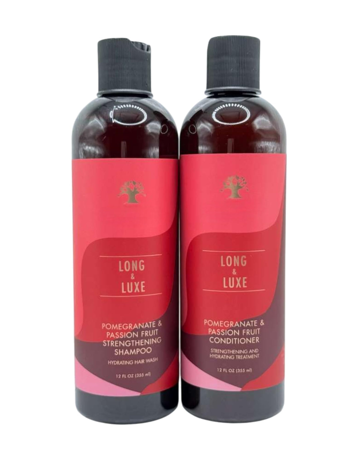 Generic Long & Luxe front packaging showing both 12 oz bottles, clear product ID and benefits