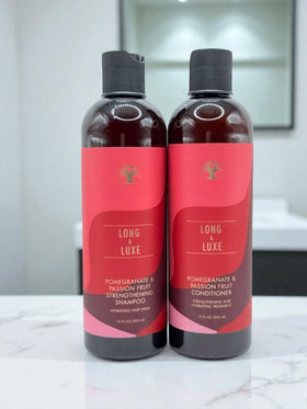 Generic Long & Luxe duo on bathroom shelf styled, illustrating a luxe routine and organized shelf
