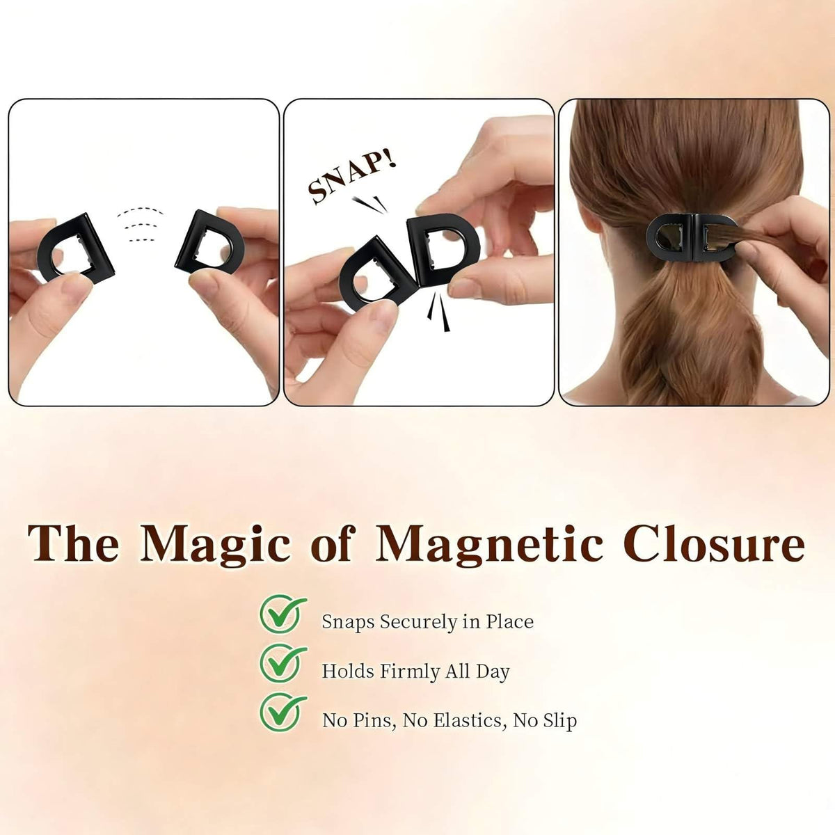 Generic magnetic hair clip in kitchen lifestyle showing hands-free benefit
