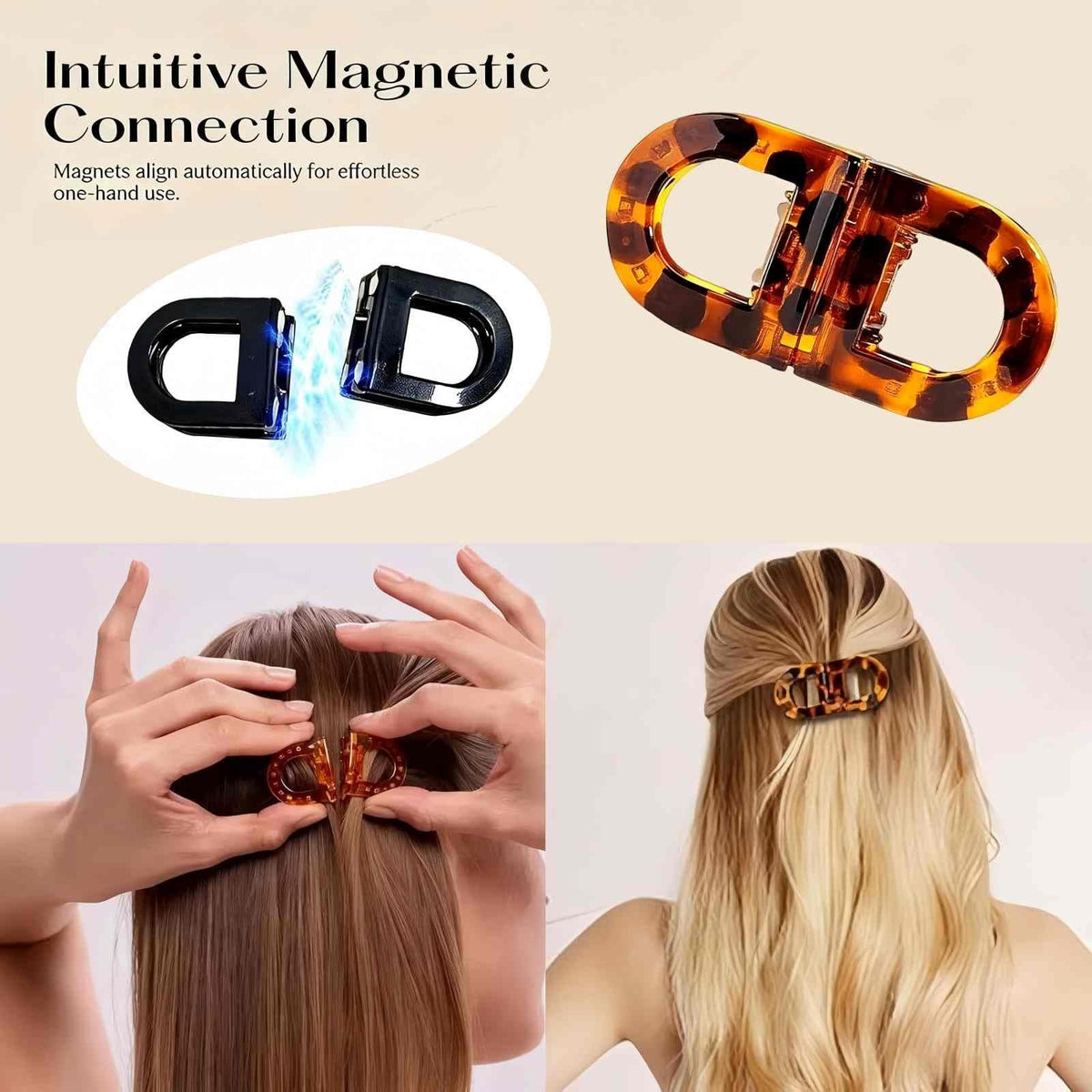 Generic magnetic hair clip open close action showing no-pull benefit