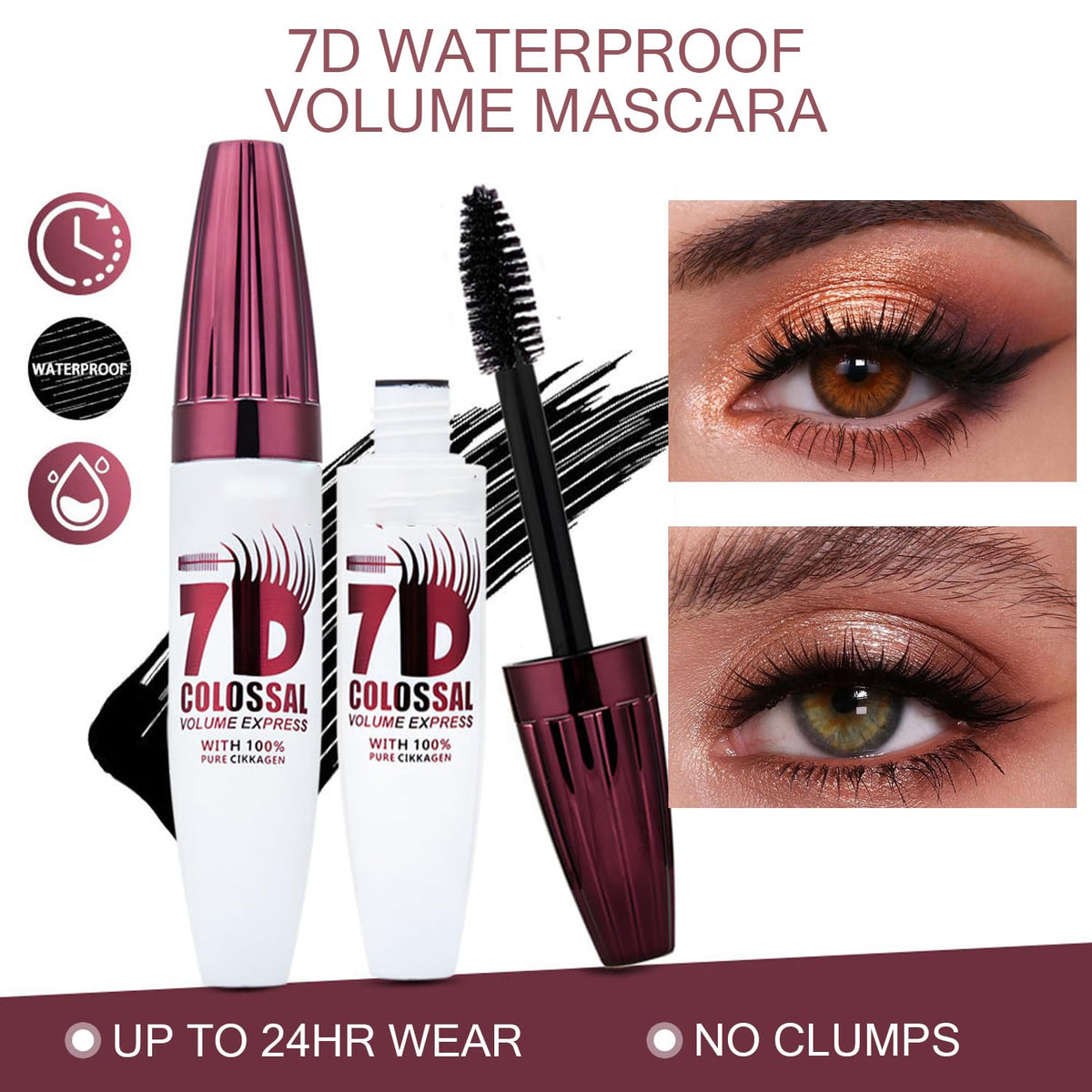 Generic close-up of olive-shaped mascara brush coating lashes evenly
