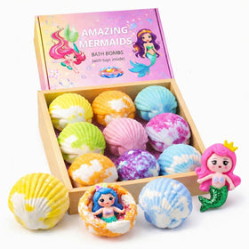 Generic mermaid bath bombs front packaging showing nine colorful bombs and labels with fun