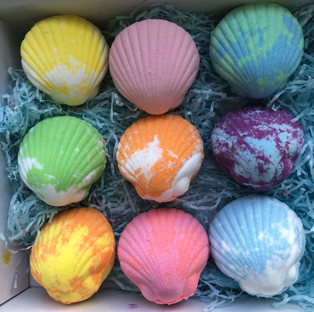 Generic gift-ready box of mermaid bombs styled for birthdays or holiday present delight