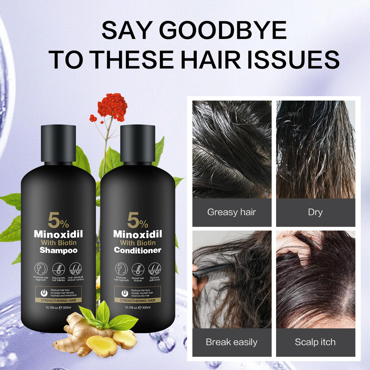 Generic brand ginseng and ginger ingredients closeup highlighting scalp-stimulating support