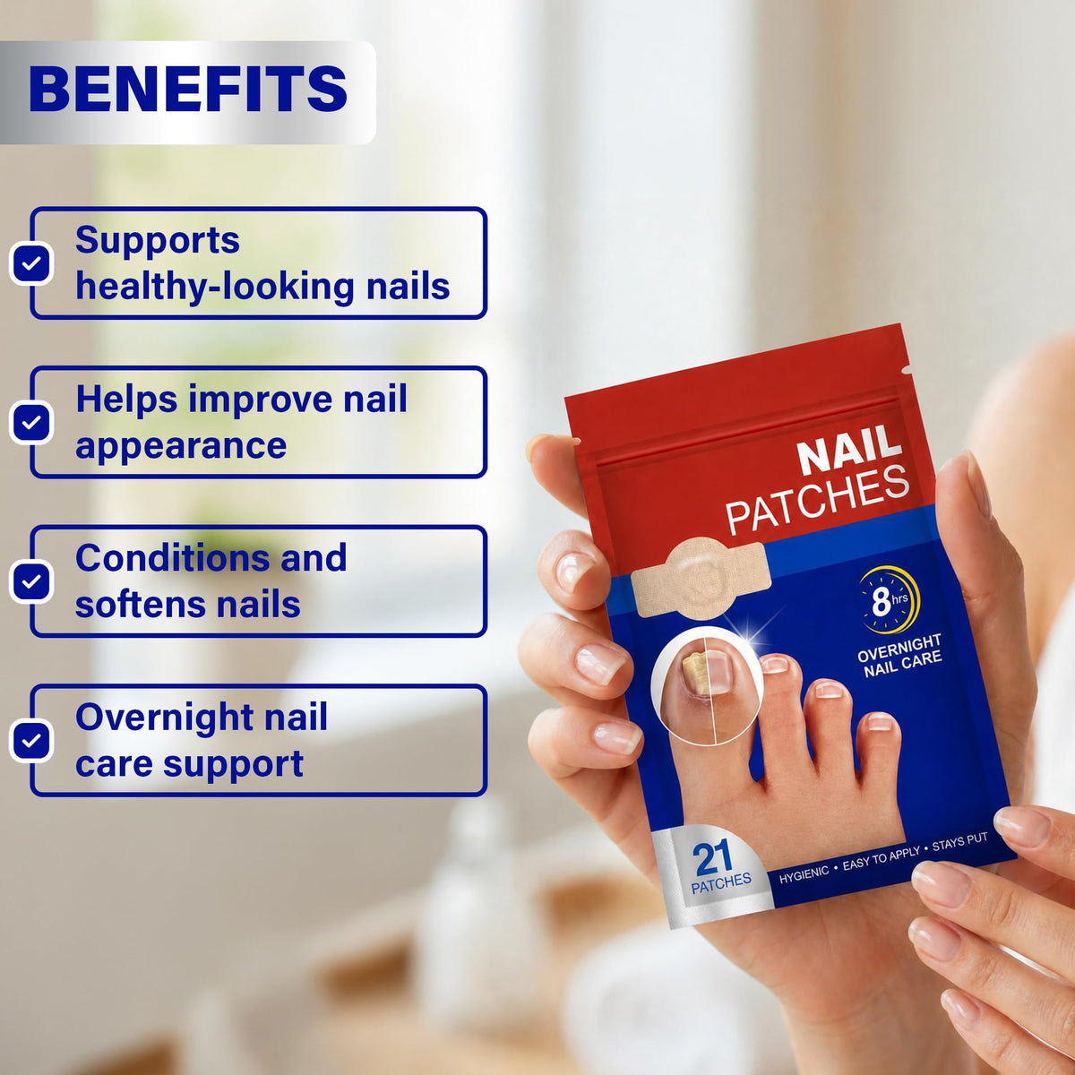 Generic nail patches applied on fingernail demonstrating easy peel and stick