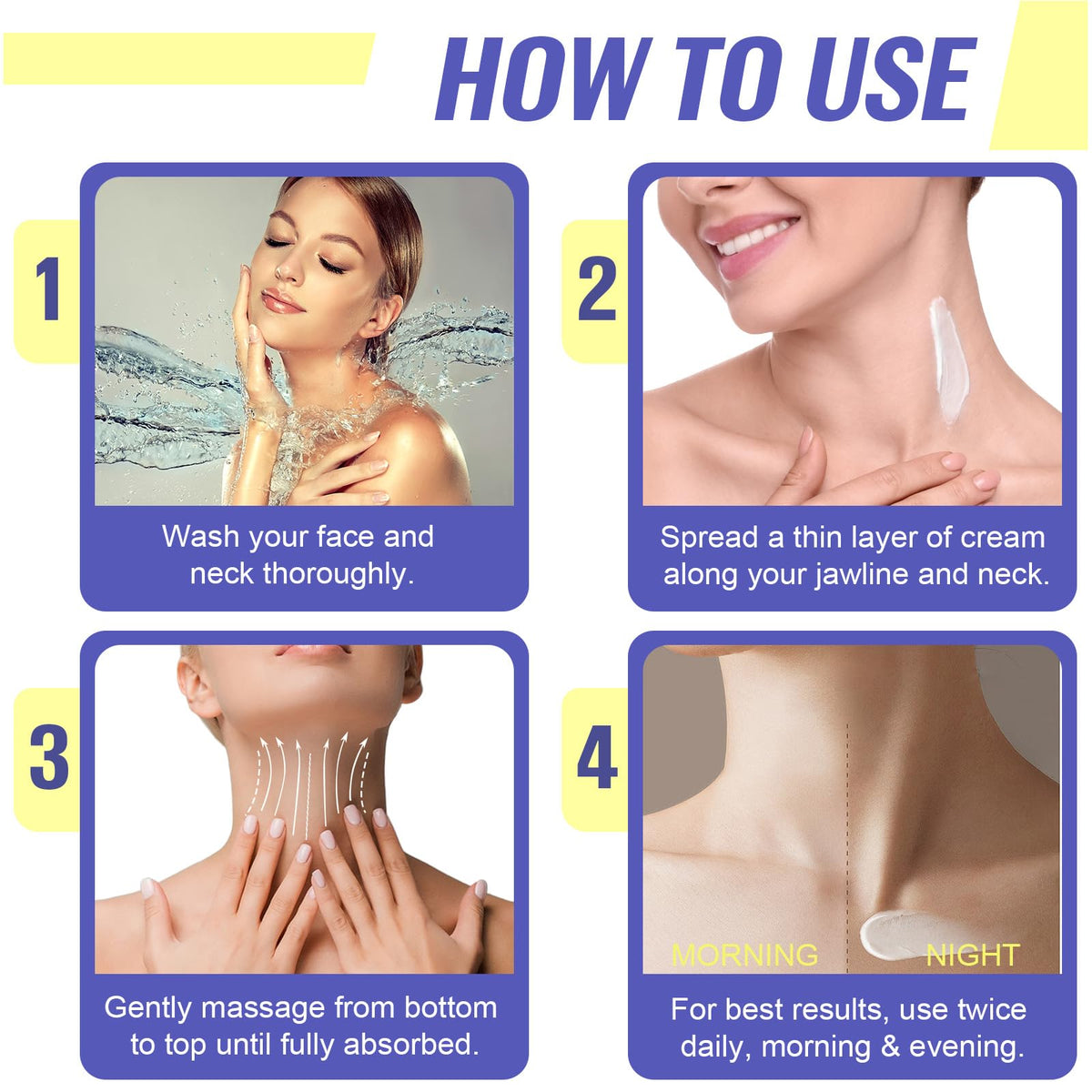 Generic neck cream being applied upward on neck demonstrating lifting benefit