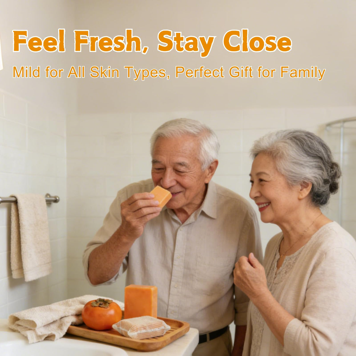 Generic persimmon soap in bathroom lifestyle setting for daily freshness benefit