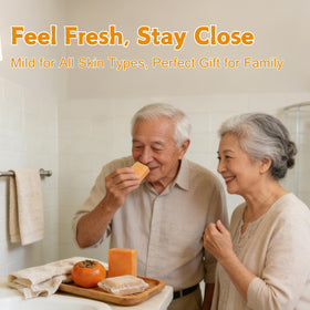 Generic persimmon soap in bathroom lifestyle setting for daily freshness benefit