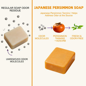 Generic persimmon soap foaming nets with bars showing easy lathering benefit