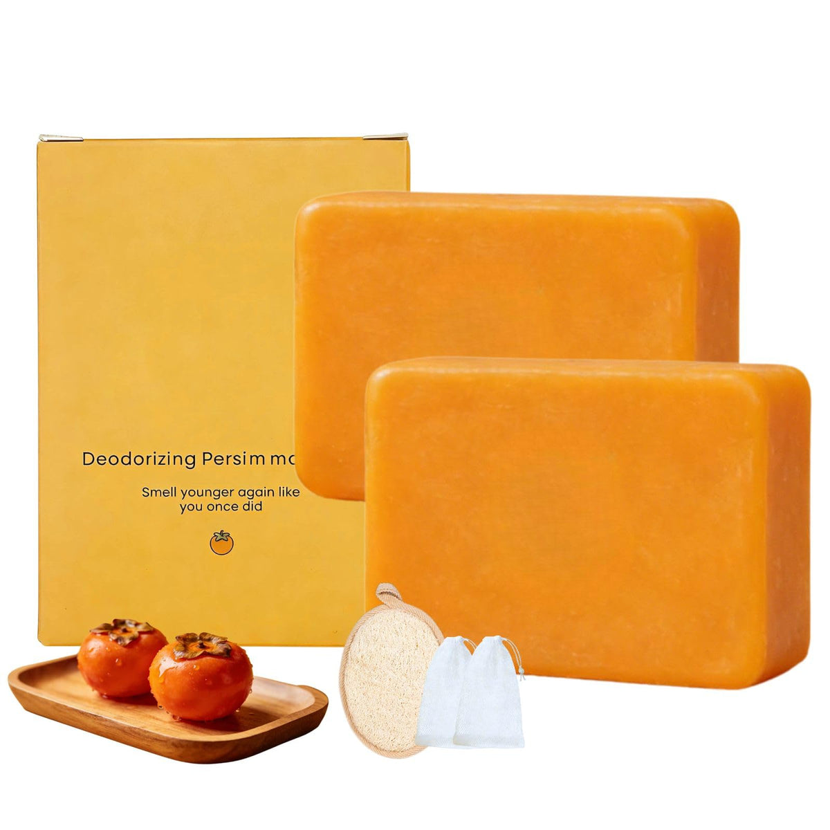 Generic persimmon soap front packaging showing two bars and benefits