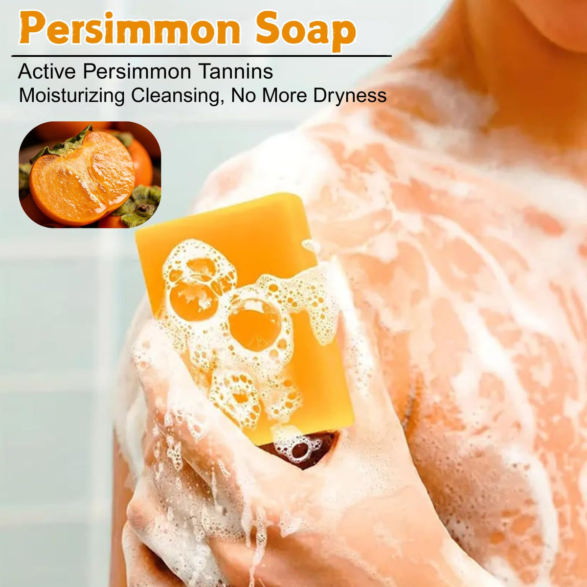 Generic persimmon soap held in hand to show bar size and travel-friendly benefit