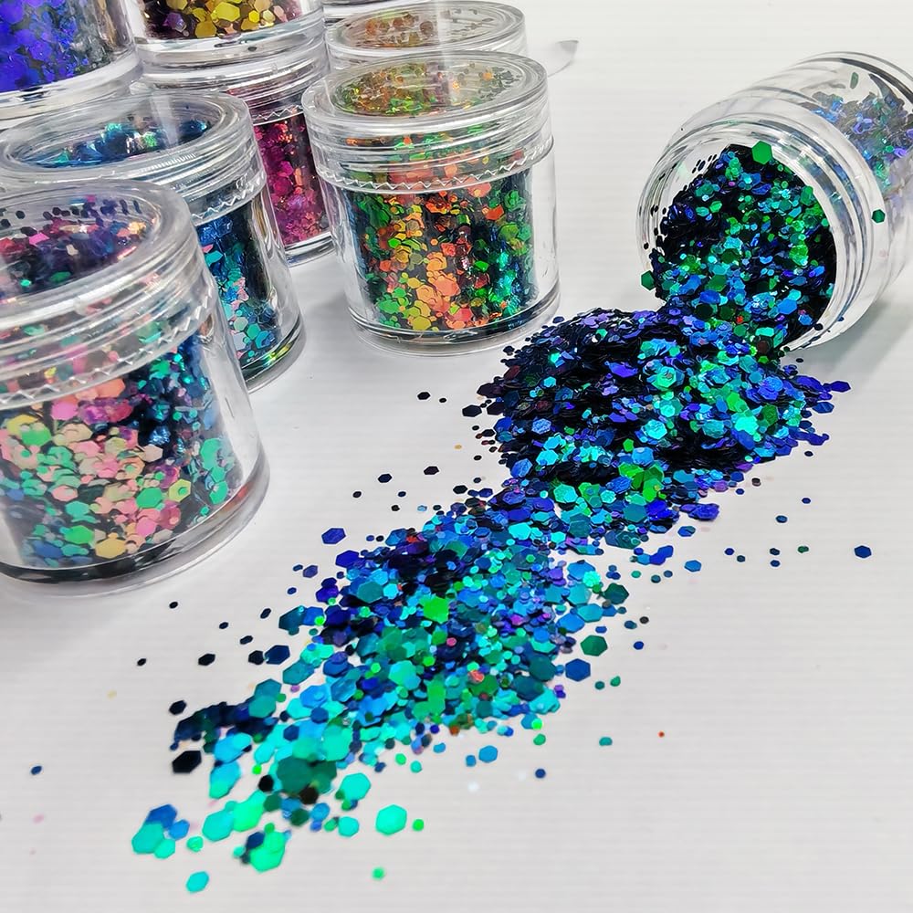 Generic brand tumbler with resin-embedded flakes demonstrating lasting shine