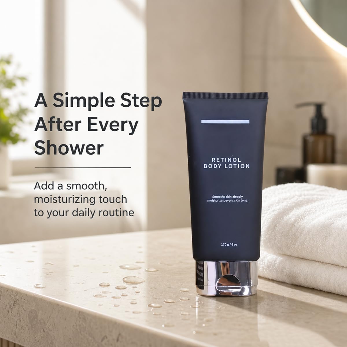 Generic retinol body lotion before and after simulated image illustrating improved skin texture