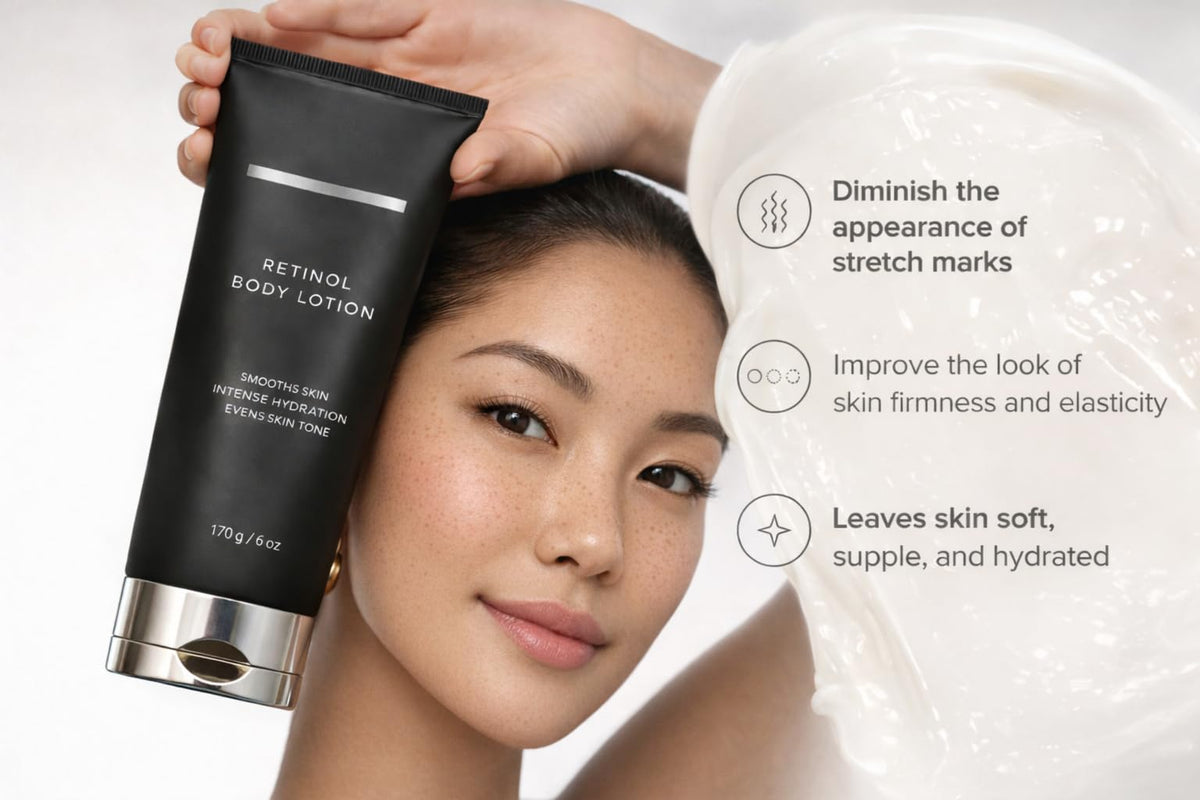Generic retinol body lotion open cap with visible smooth lotion texture