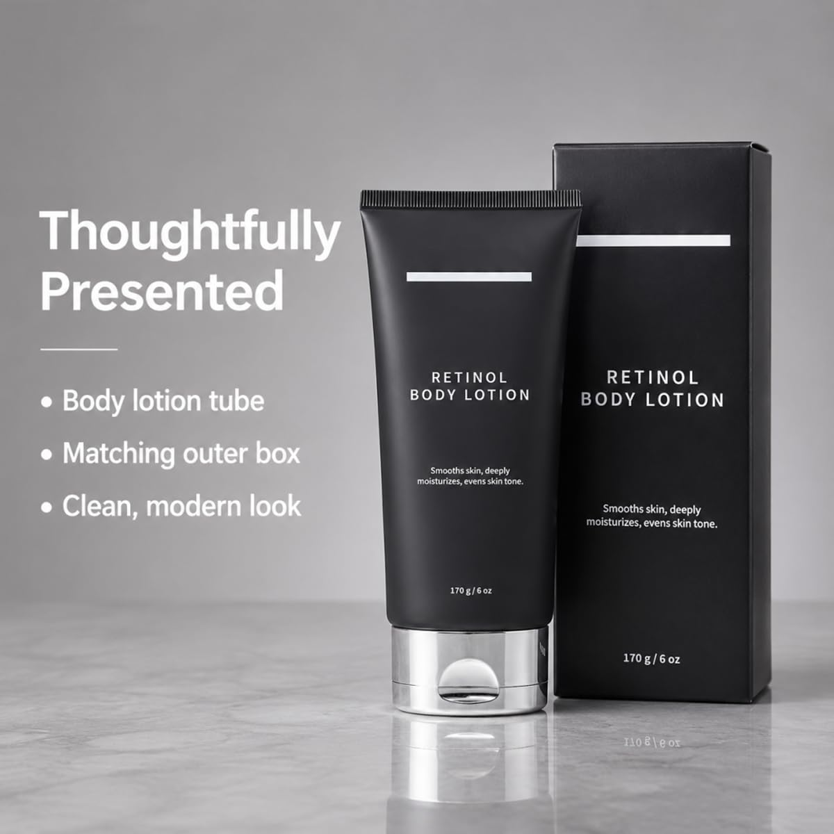 Generic retinol body lotion pump closeup highlighting easy dispensing and non-sticky finish