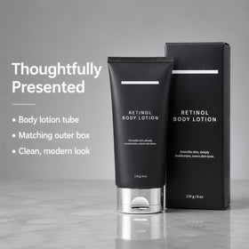 Generic retinol body lotion pump closeup highlighting easy dispensing and non-sticky finish