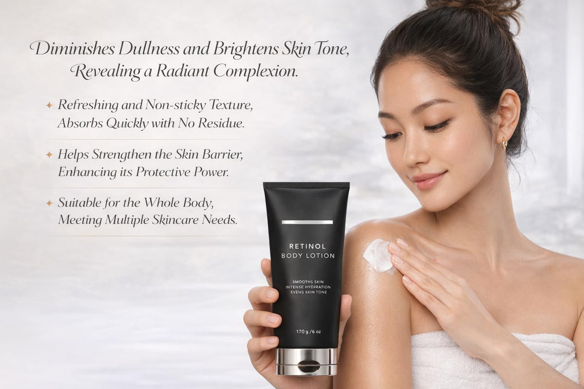 Generic retinol body lotion being dispensed to show fast-absorbing cream