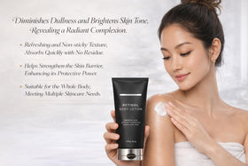 Generic retinol body lotion being dispensed to show fast-absorbing cream