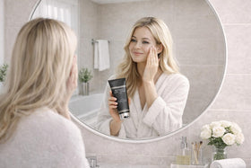 Generic retinol body lotion next to a hand for size and amount reference