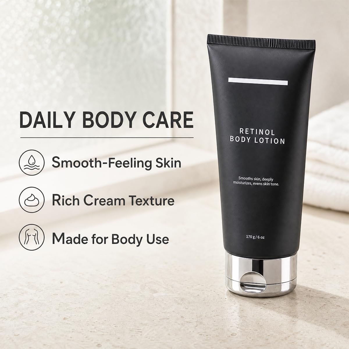 Generic retinol body lotion cream texture swipe showing hydrating, fast-absorbing feel