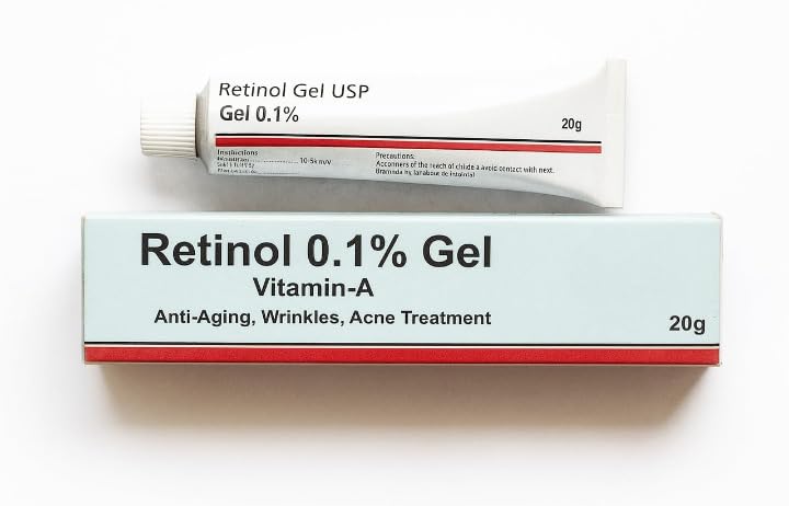 Generic retinol gel front packaging showing label and compact tube, clear benefit visible