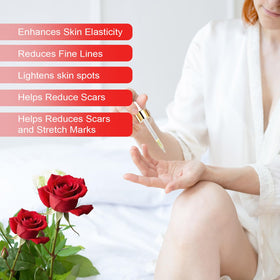 Generic rose oil on vanity with towel and rose petals showing lifestyle nourishment benefit