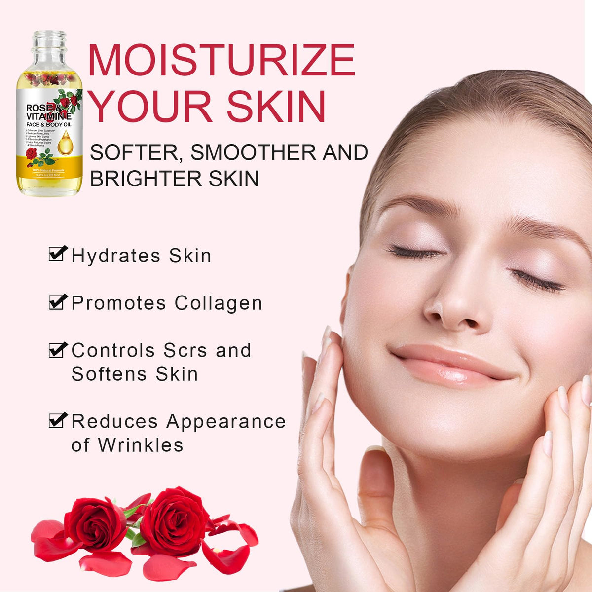Generic rose oil massaged into hands and cuticles showing softening benefit