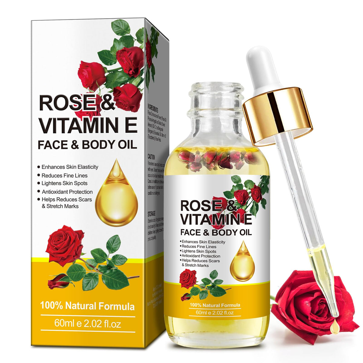 Generic rose vitamin E bottle front view showing label and size benefit