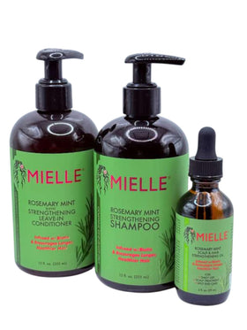 Generic brand rosemary mint shampoo front view showing label and strengthening benefit