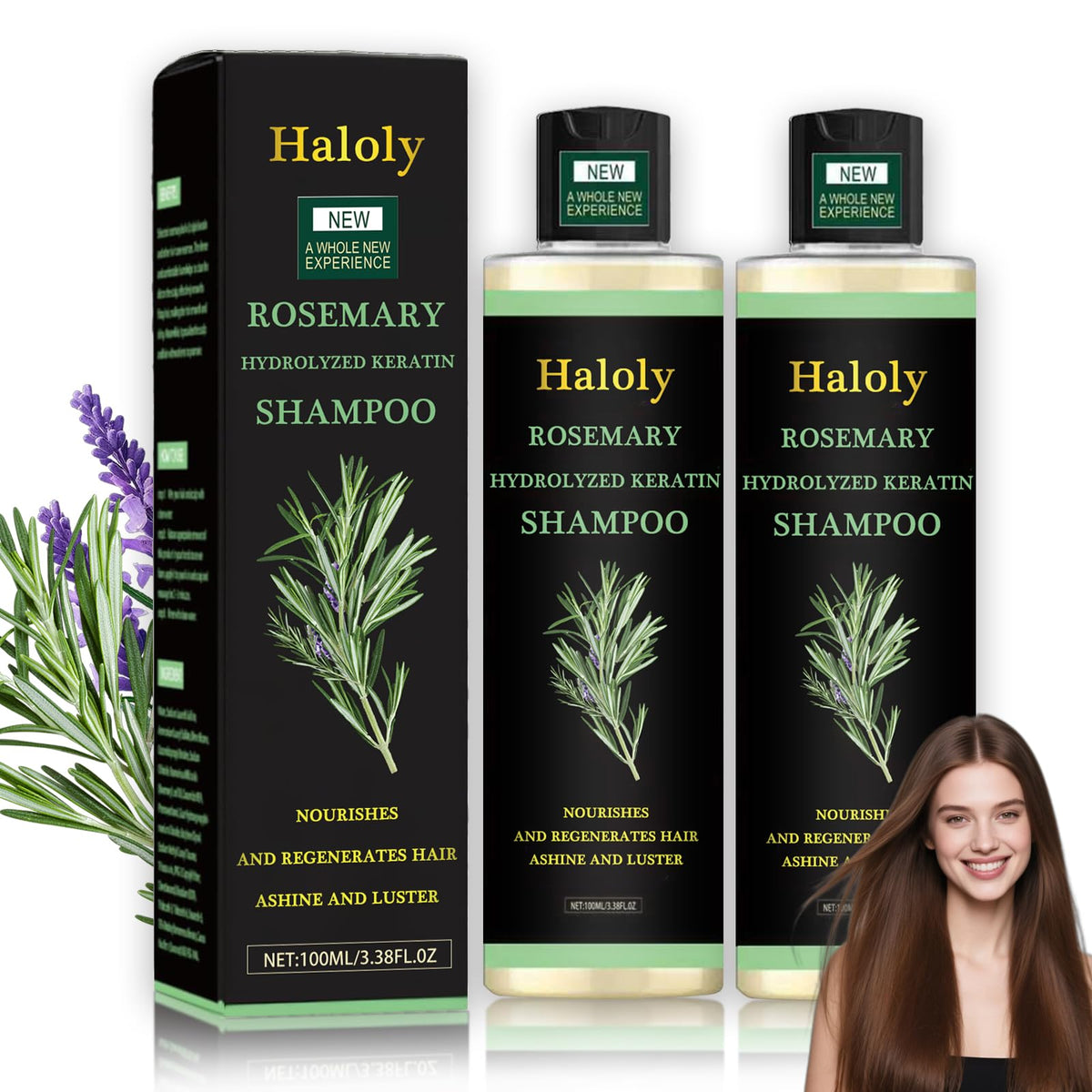 Generic rosemary shampoo front bottles showing clean packaging and benefit