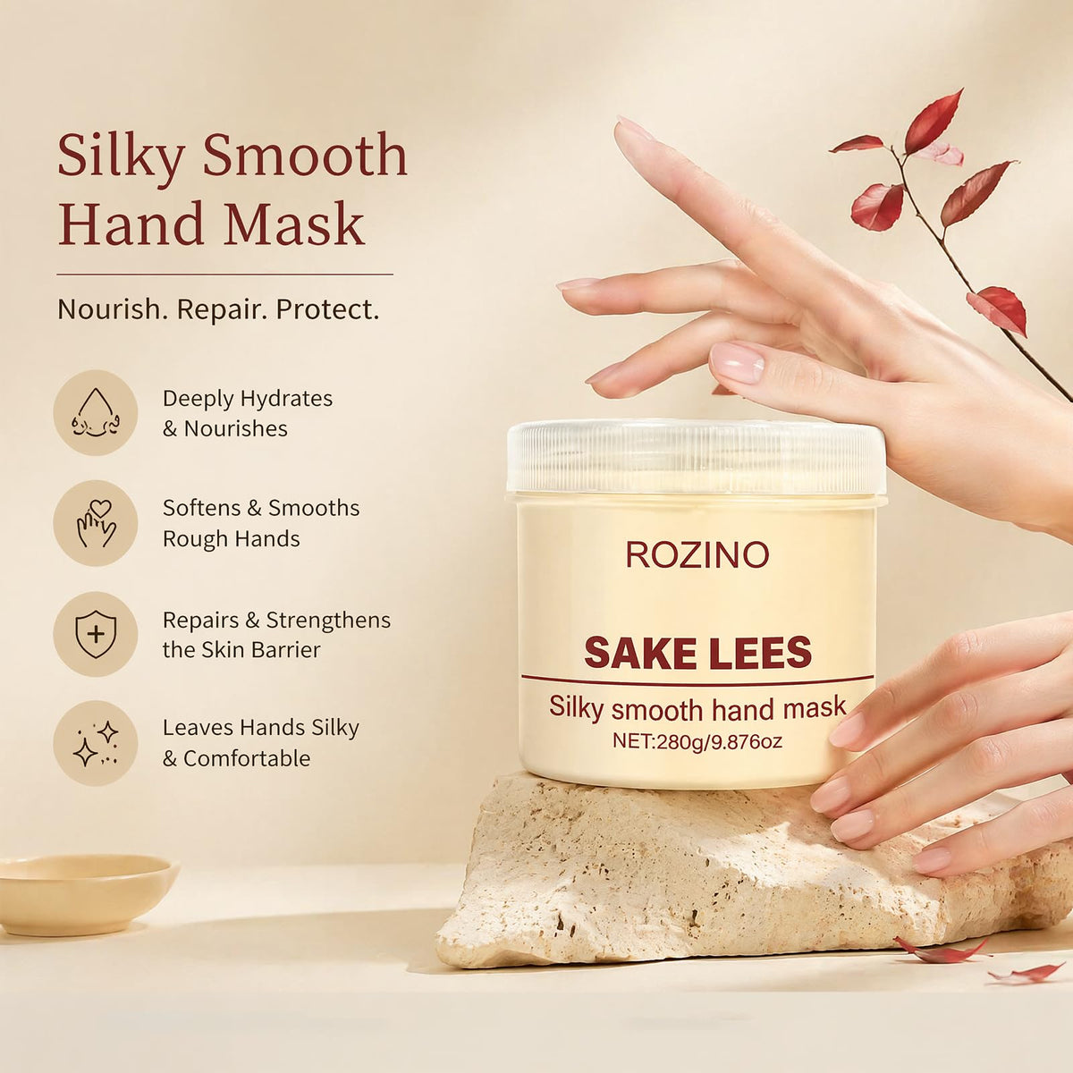 Generic label detail showing ingredients list and sake lees feature benefit