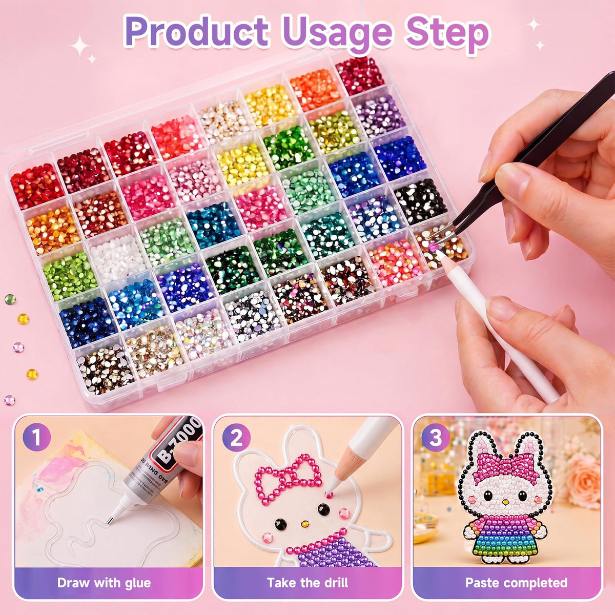 Generic 3mm rhinestones next to a ruler showing scale and brand versatility