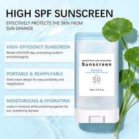 Generic suncream stick being applied to face for quick sun protection on-the-go
