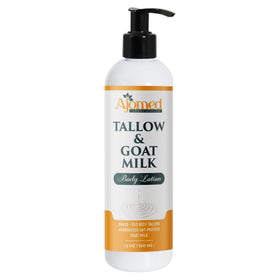 Generic brand front packaging showing tallow and goat milk lotion, soothing hydration