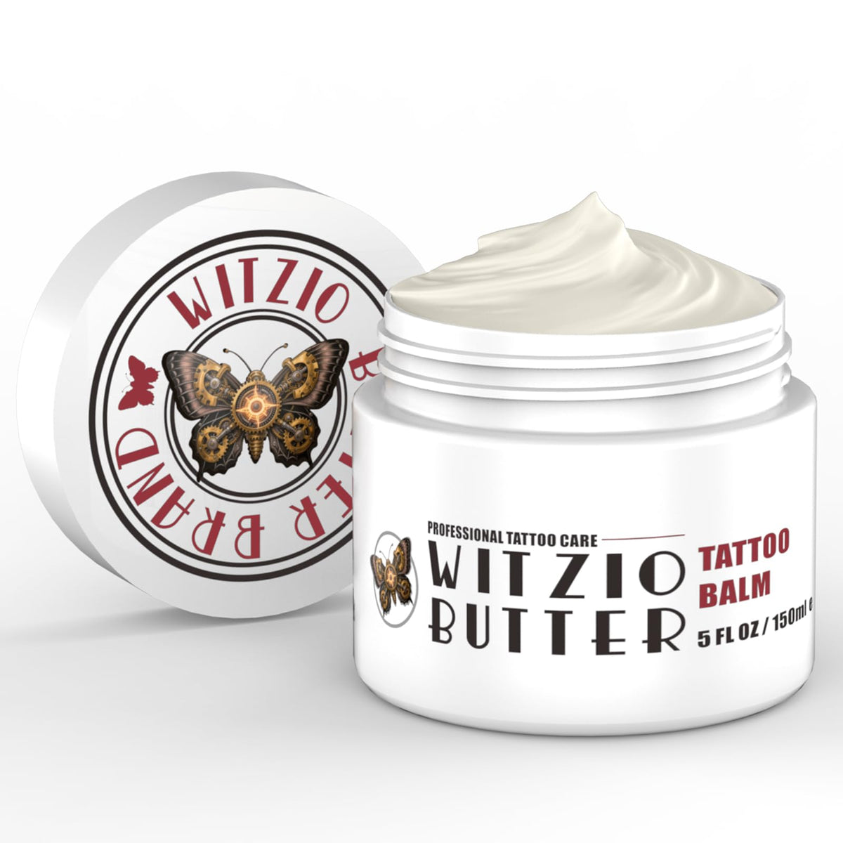 Generic brand 5oz tin front view showing compact tattoo balm and protective lid benefit