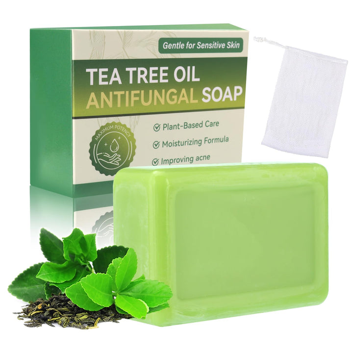 Generic tea tree soap front view showing full bar and clean design benefit