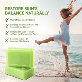 Generic tea tree soap held in hand to show size and easy-grip benefit
