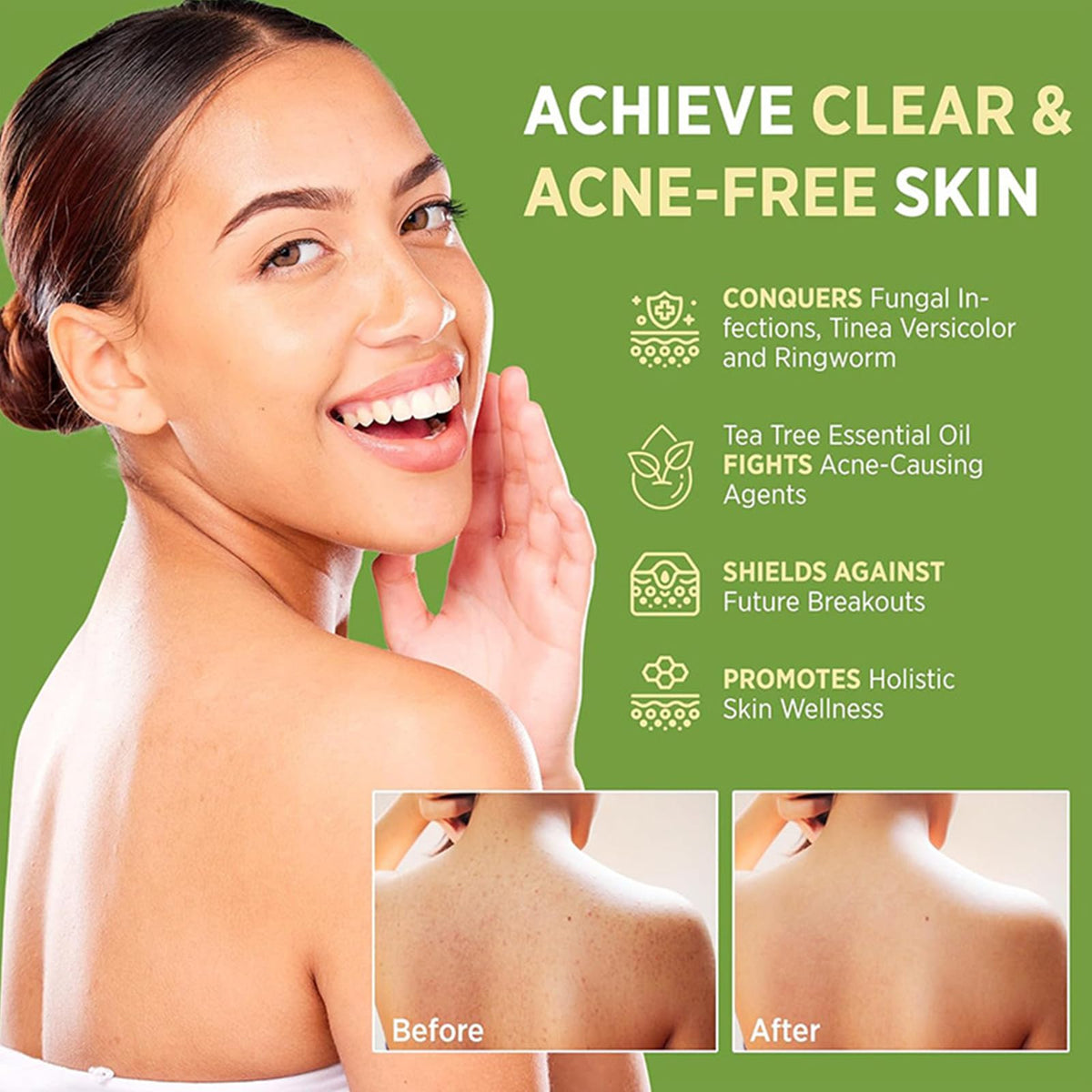 Generic tea tree soap in shower lifestyle scene promoting fresh clean feeling benefit