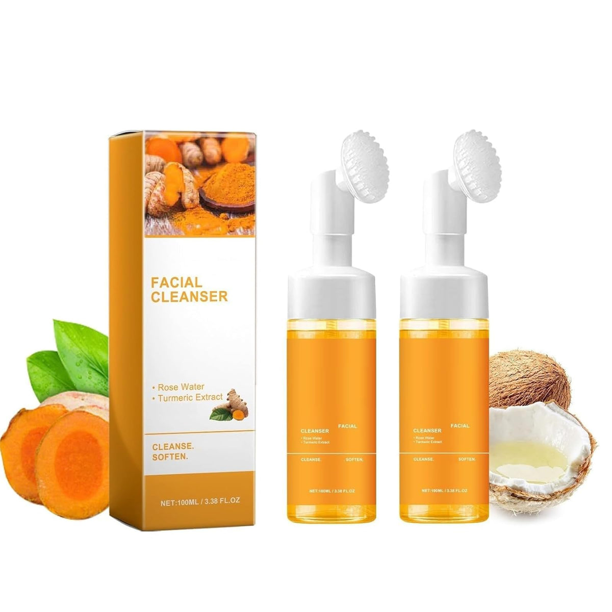 Generic turmeric cleanser front packaging showing product and brush benefit brightening