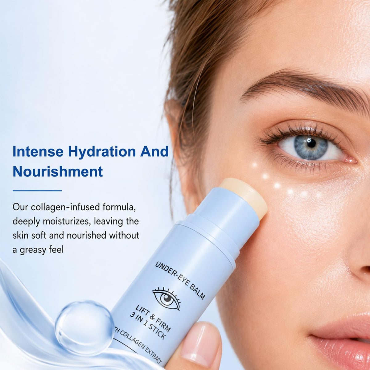 Generic under eye balm application on hand showing precise, mess-free use