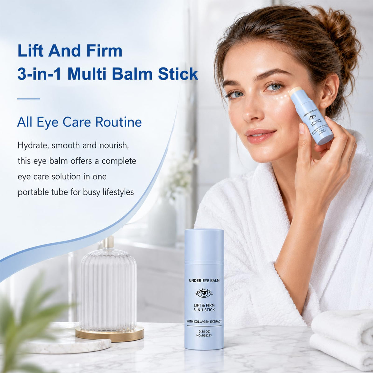 Generic under eye balm open tip detail highlighting smooth glide benefit