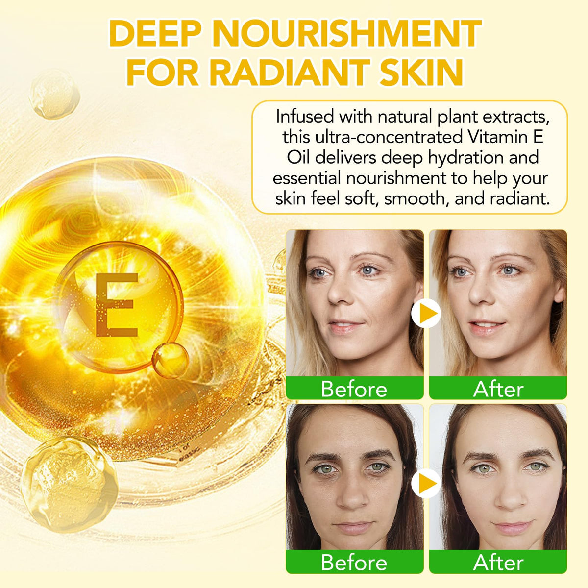 Generic Vitamin E oil dropper dispensing a droplet for precise application and concentrated hydration benefit