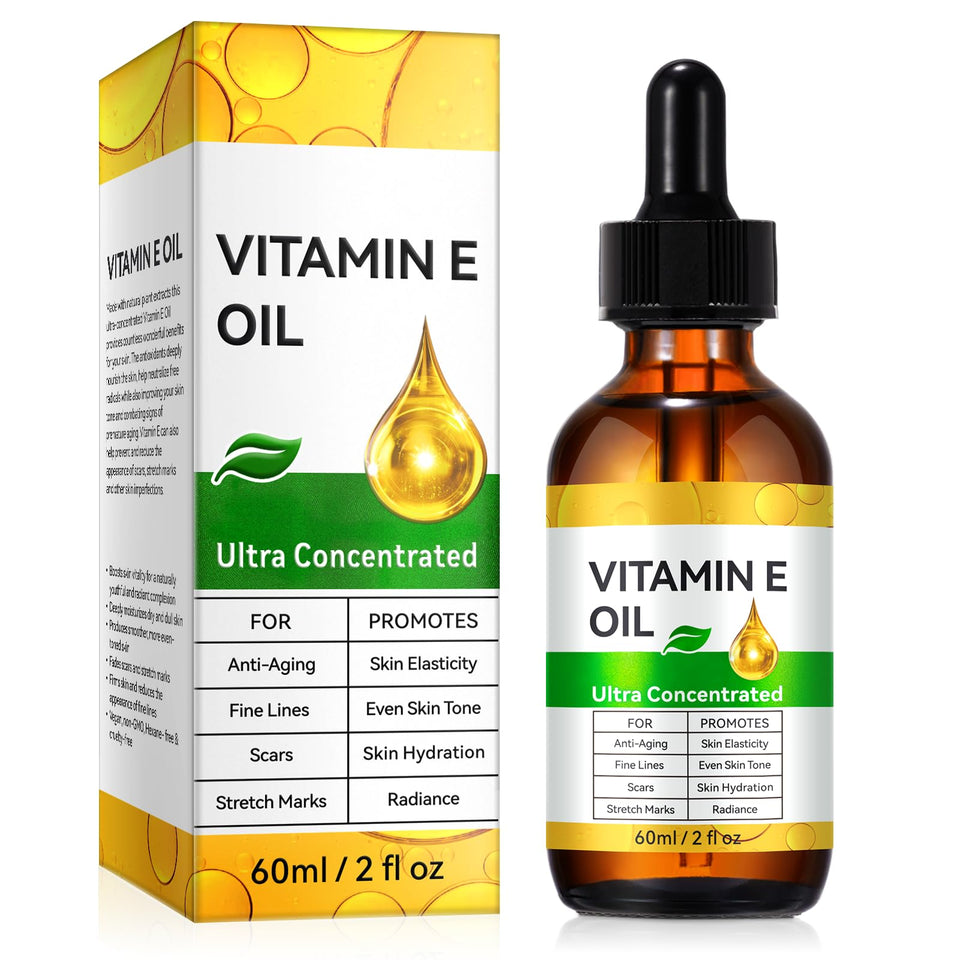 Generic Vitamin E oil front bottle showing label and 2 fl oz size for clear identification and benefit