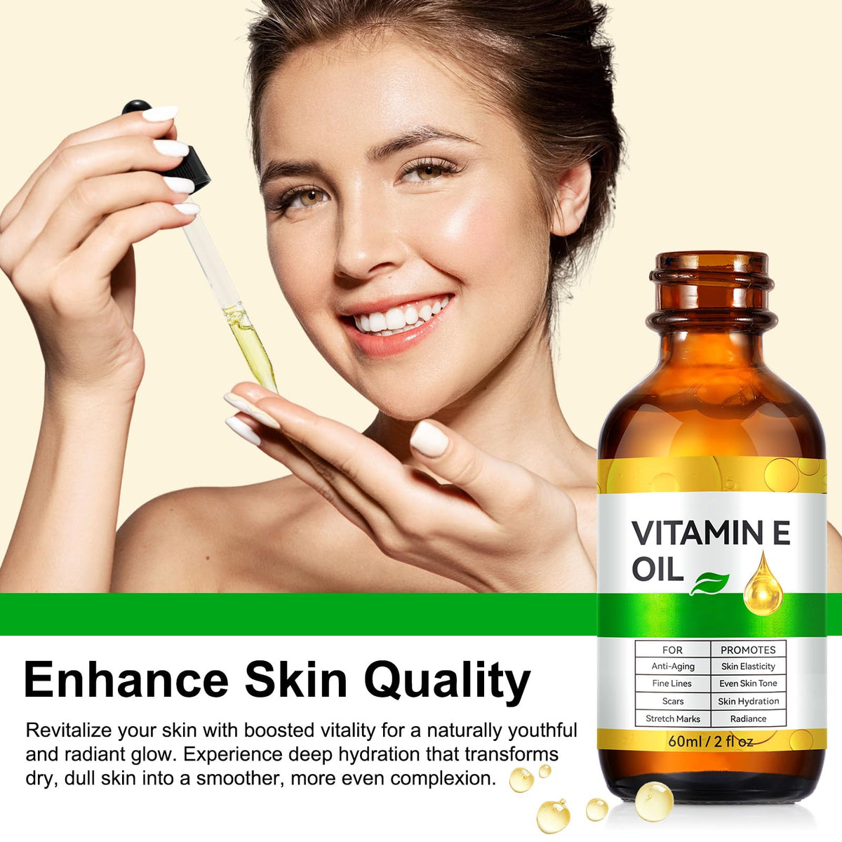 Generic Vitamin E oil being applied to hand demonstrating smooth absorption and immediate softening benefit