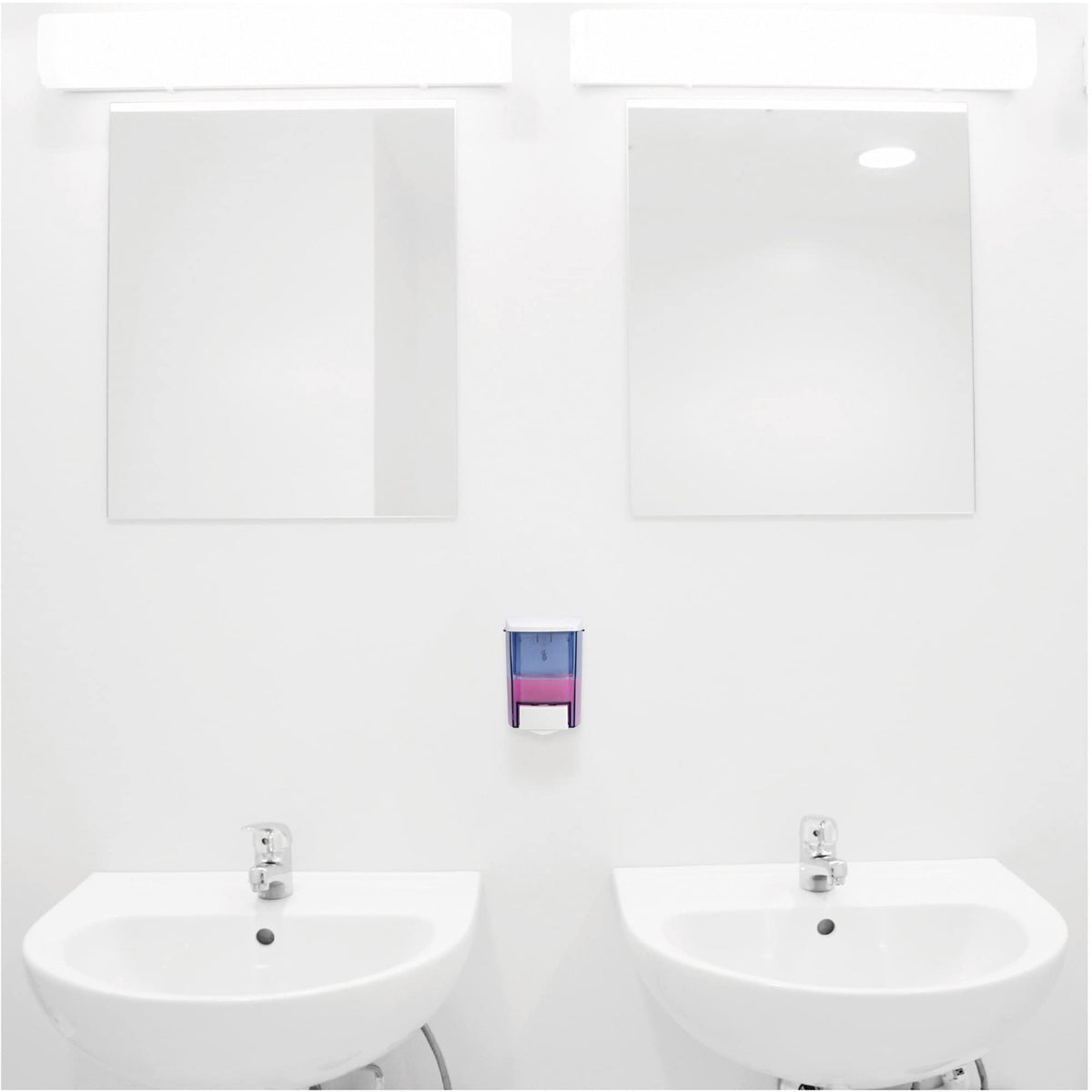 Genuine Joe size comparison next to soap dispenser demonstrating capacity and economy