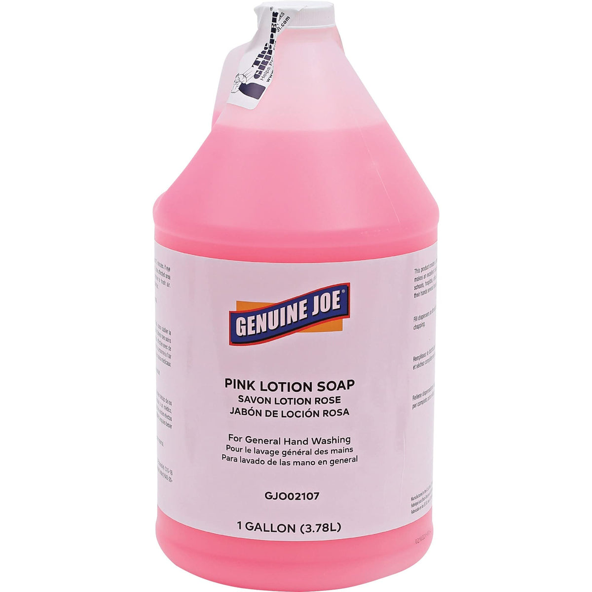 Genuine Joe front view of gallon bottle showing label and handle for easy refilling