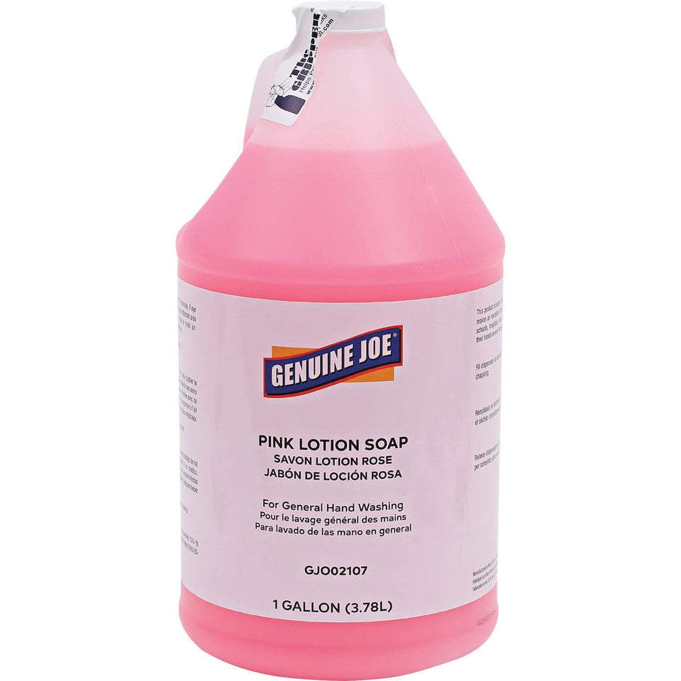Genuine Joe front view of gallon bottle showing label and handle for easy refilling